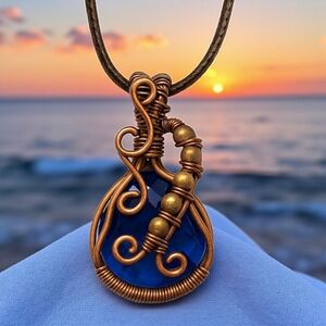 🆕️ Boho Chic Deep Blue Quartz Copper Wire Wrapped Pendant Statement Necklace